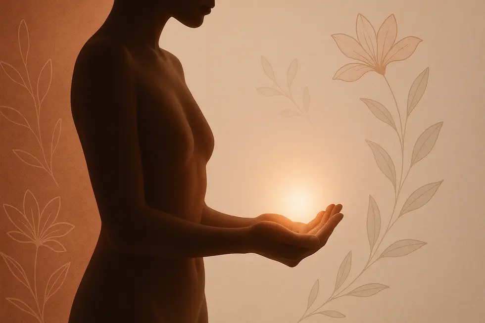 女性のウェルネスと自信を象徴する、柔らかく光る抽象的な花のモチーフと女性のシルエット。