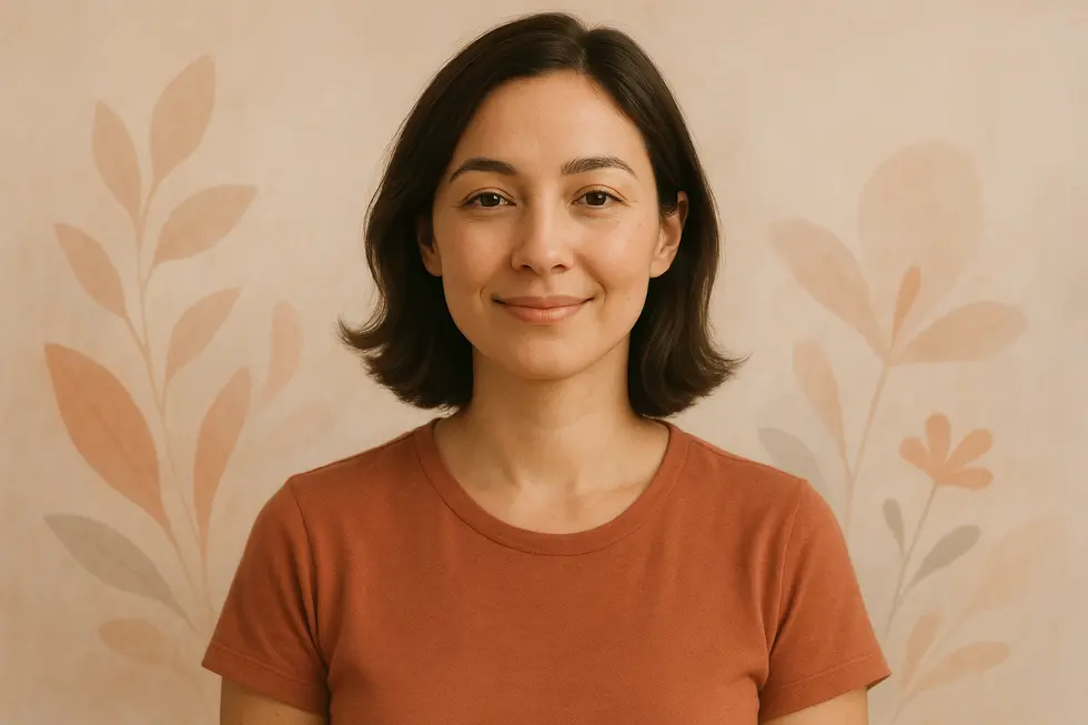 自信に満ちた女性が穏やかに微笑むイラスト。女性の健康と美しさを象徴する暖色系の抽象的な花が描かれている。