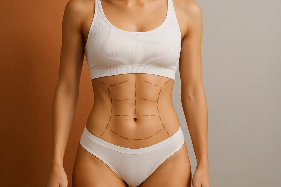 ヴァンキッシュの施術がターゲットとするお腹と脇腹の領域を示す、引き締まった女性の胴体のクローズアップ。