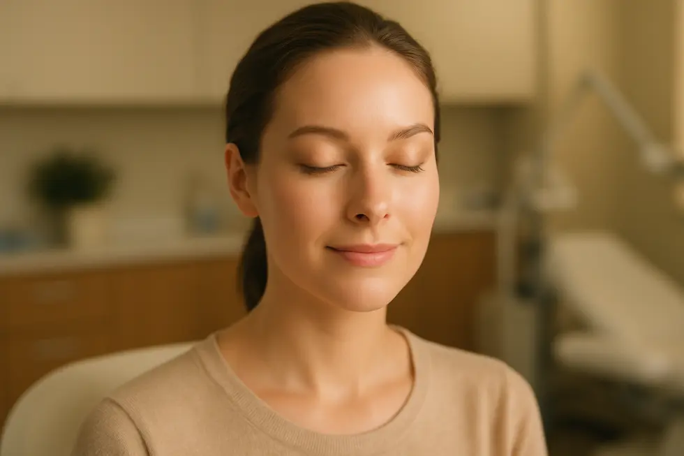 血管レーザー治療後の澄んだ肌を持つ人物の顔のクローズアップ。