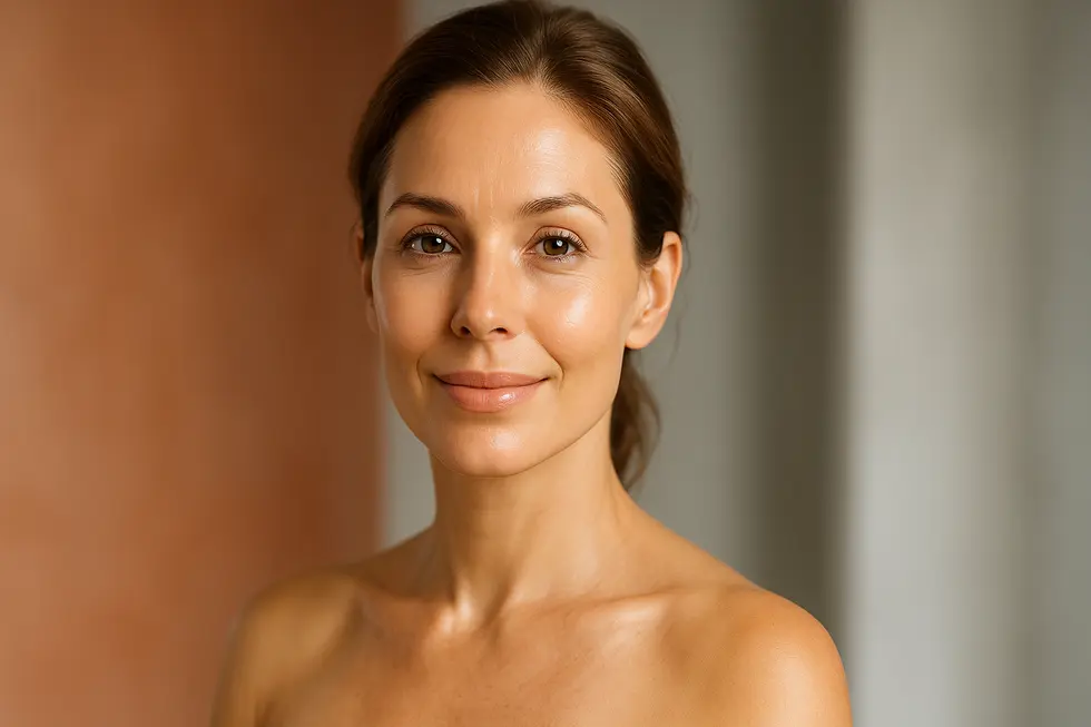 健康的で輝く肌を持つ30代後半から40代前半の女性が、自信に満ちた穏やかな表情でカメラを見つめている。背景は温かいテラコッタとライトグレーの色合いでぼかされている。