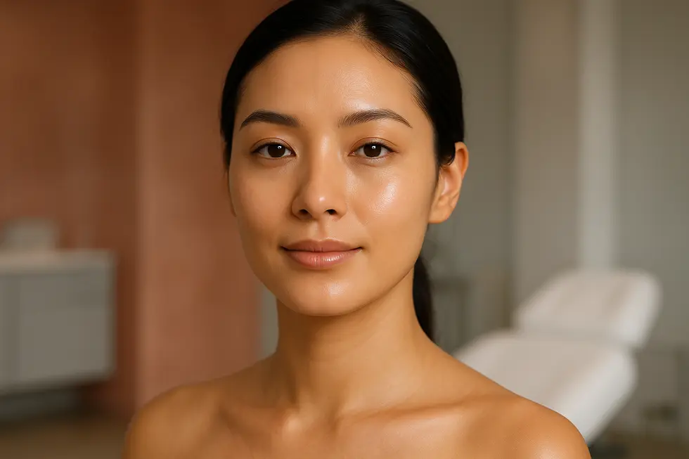 VRM3トーニング後の、透明感と均一な肌トーンを持つ女性の顔。美しく輝く肌が自信を表現している。