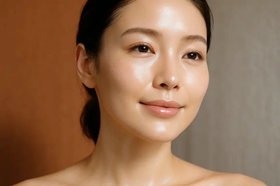 透明感のある明るい肌が輝く女性の顔のクローズアップ。美白注射がもたらす内側からの輝きを表現しています。