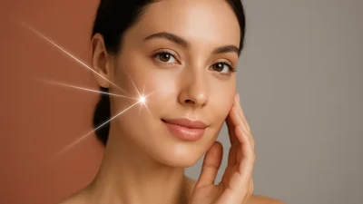 美白レーザー治療でシミのないクリアな肌を手に入れた女性が、自信に満ちた表情で頬に手を当てているイメージ。