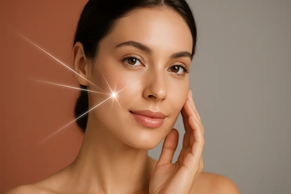 美白レーザー治療でシミのないクリアな肌を手に入れた女性が、自信に満ちた表情で頬に手を当てているイメージ。