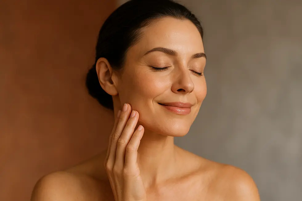 ウィンバックリフティングの施術後、肌のハリとツヤに満足して頬に手を当てる30代から40代の女性の顔。