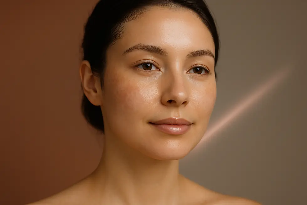 肝斑やくすみが改善され、透明感のある美しい肌の女性の顔のクローズアップ。