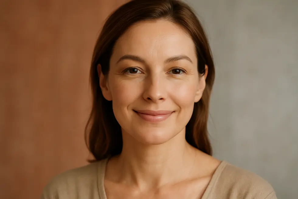 自然なハリと輝きのある肌を持つ、穏やかに微笑む女性の顔。エステフィルによる若返りを表現。