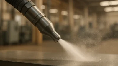 工業用エアジェットノズルから強力な気流が噴射され、対象物の乾燥・洗浄を行う様子を示す高精細な画像。