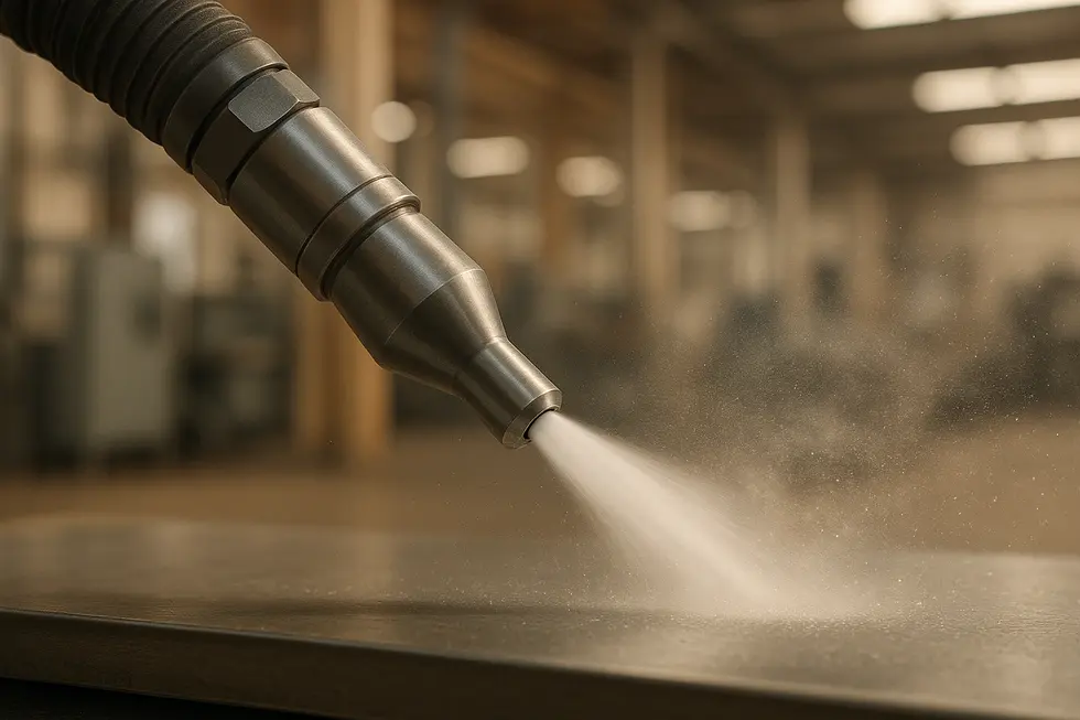 工業用エアジェットノズルから強力な気流が噴射され、対象物の乾燥・洗浄を行う様子を示す高精細な画像。