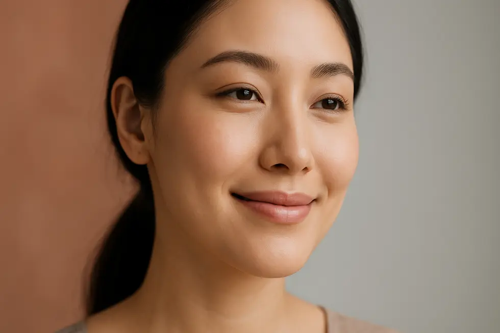 自然でバランスの取れた鼻を持つ人物のクローズアップ写真。自信と満足感が伝わる。