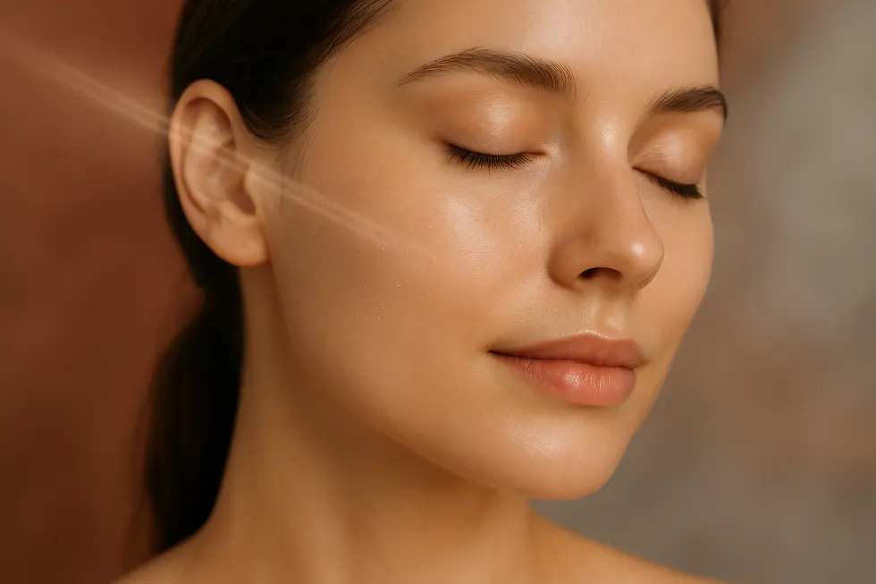 透明感あふれる輝く肌の女性のクローズアップ。アレックストーニング施術後の肌の明るさを表現。