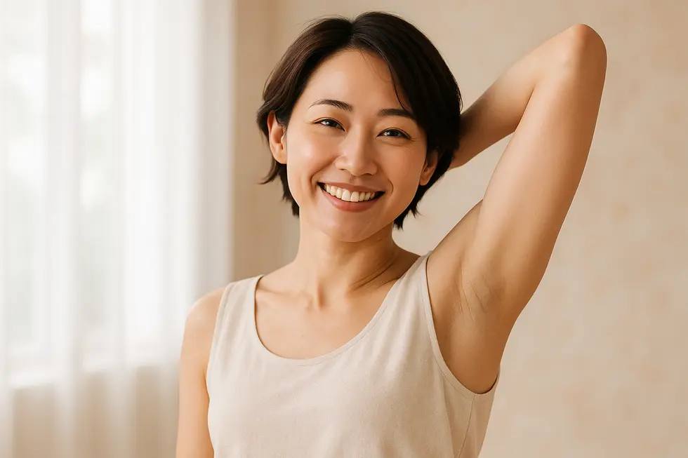 笑顔で腕を上げ、脇の清潔感をアピールする自信に満ちた人物