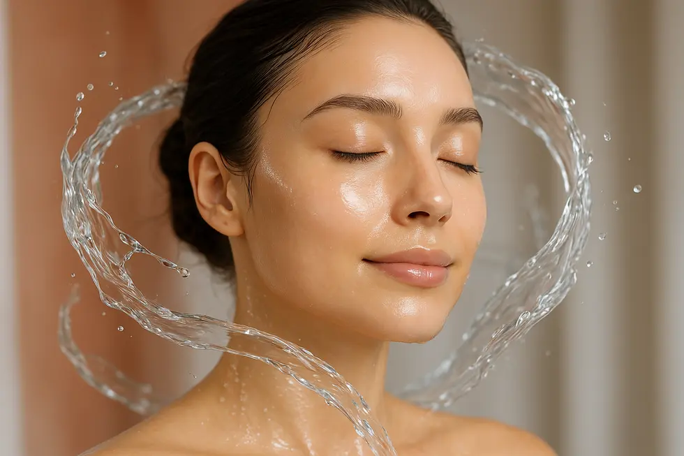 アクアピール施術後の、透明感と潤いに満ちた女性の顔のクローズアップ。