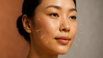 美容鍼の効果で健康的に輝く女性の顔。鍼のイメージが穏やかに表現されている。