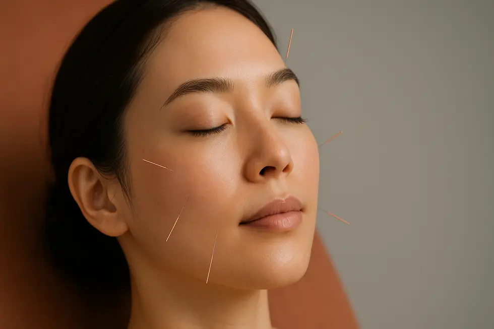 微細な鍼が顔に優しく刺さっている女性の顔のクローズアップ。肌は滑らかで、美容鍼の落ち着いた、自然な側面を伝えている。