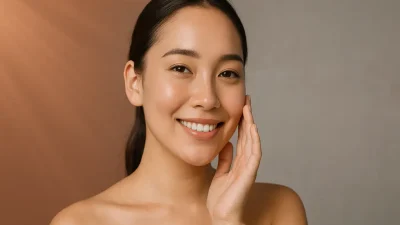 自信に満ちた笑顔の若い女性が、なめらかで透明感のある肌にそっと触れている。