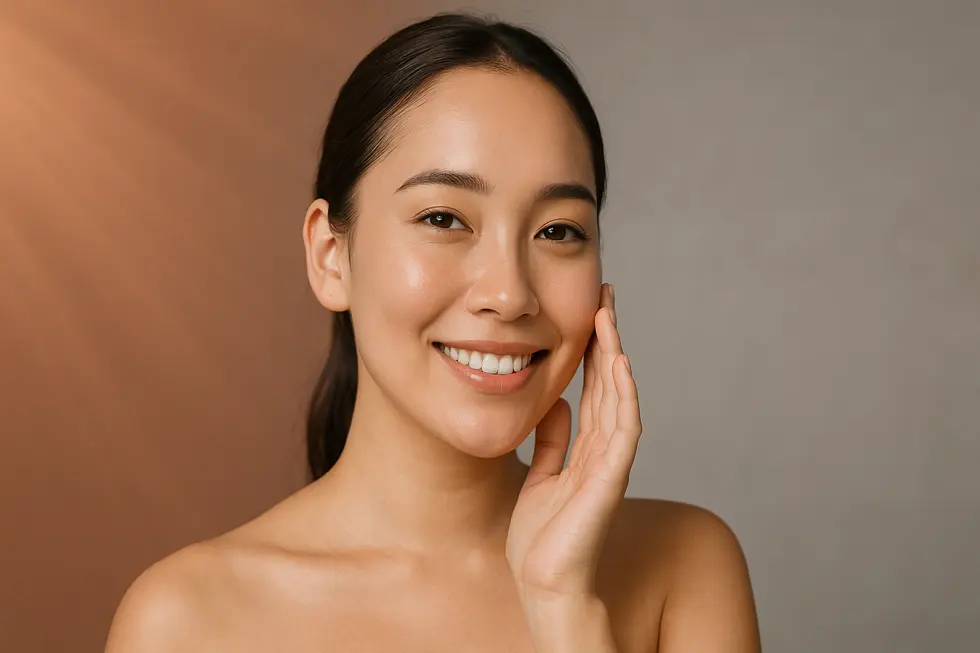 自信に満ちた笑顔の若い女性が、なめらかで透明感のある肌にそっと触れている。