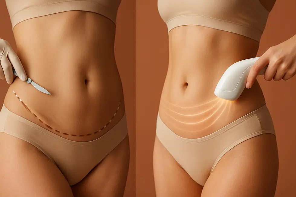 外科的ボディリフトと非侵襲的ボディリフトの二つの異なるアプローチを比較するメイン画像。