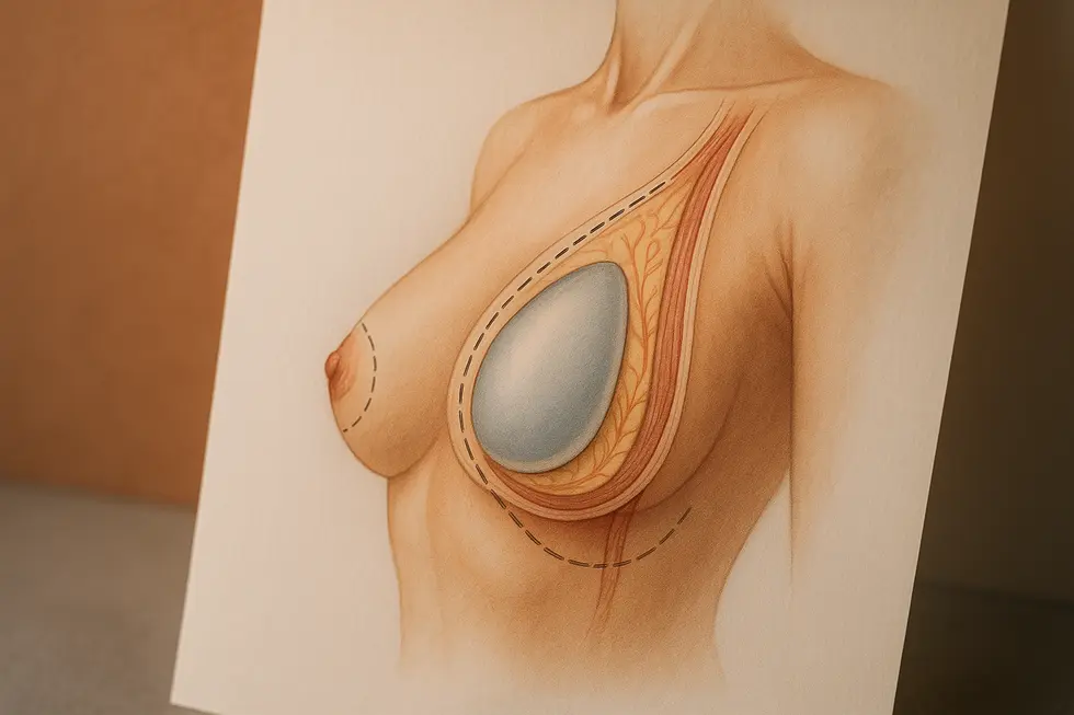 豊胸修正手術の概念を示す、インプラントが挿入された乳房の解剖学的イラスト。