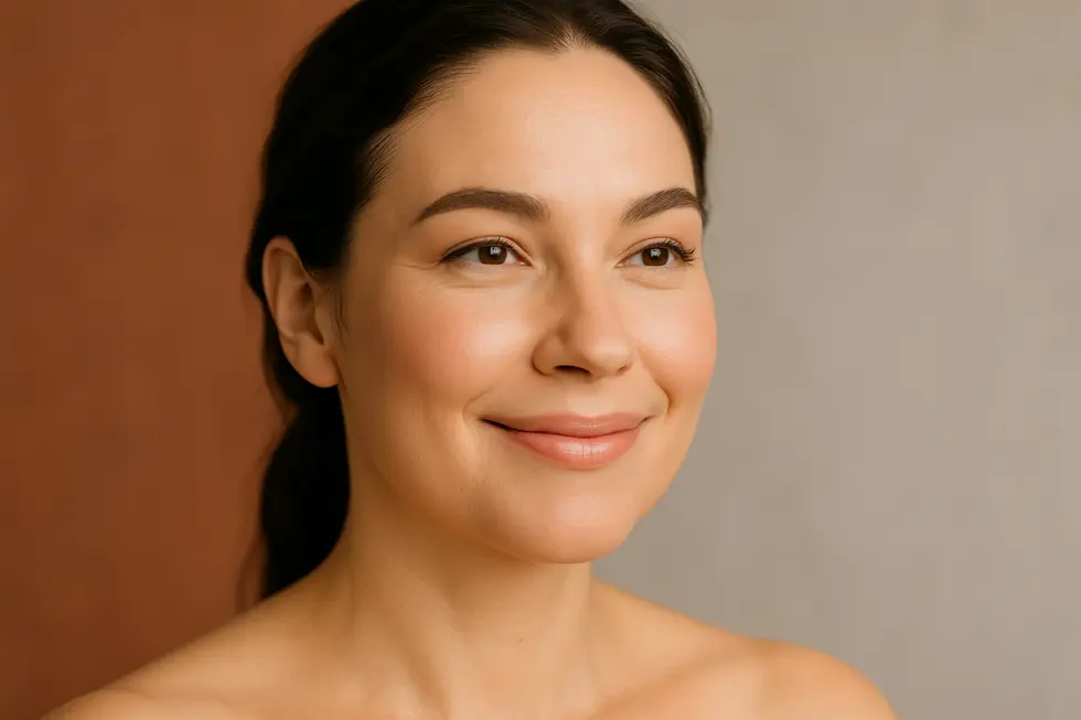 若々しいハリのある肌で微笑む女性の顔のクローズアップ。