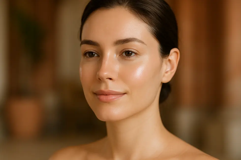 セレック（Cellec V）による肌治療後、透明感とハリのある健康的で輝く女性の顔のクローズアップ。