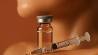 サイトケアのボトルと注射器が写っており、背景には輝く健康的な肌が見えます。美容施術のプロフェッショナルなイメージです。