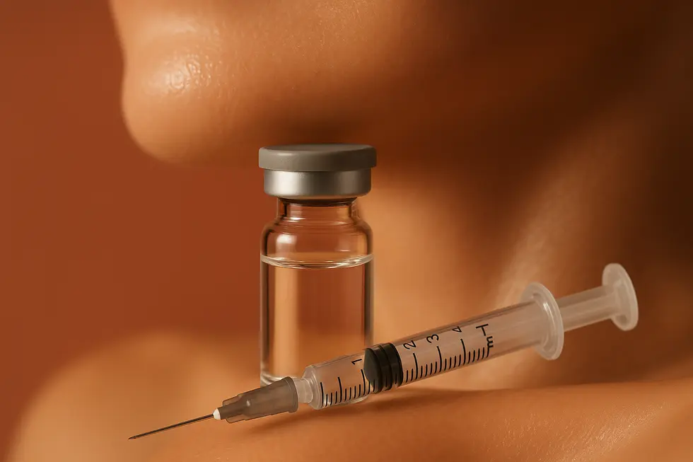 サイトケアのボトルと注射器が写っており、背景には輝く健康的な肌が見えます。美容施術のプロフェッショナルなイメージです。