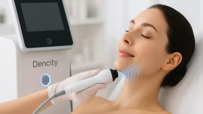 現代的なデンシティデバイスが女性の顎のラインに電波を放ち、非侵襲的な肌の引き締めを表現している。女性は穏やかな満足した表情をしている。