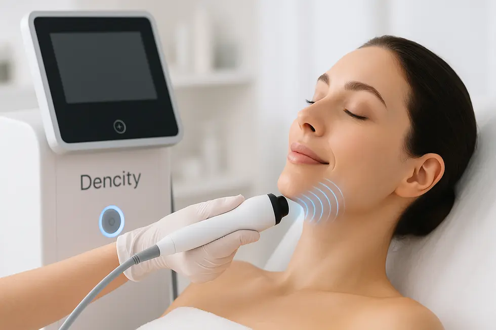 現代的なデンシティデバイスが女性の顎のラインに電波を放ち、非侵襲的な肌の引き締めを表現している。女性は穏やかな満足した表情をしている。