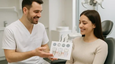 歯科医院で歯科医師が女性患者に歯科クラウンの選択肢を説明している様子。