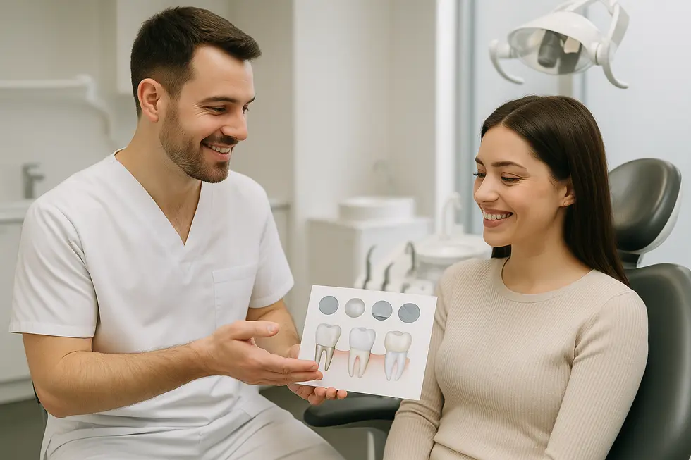 歯科医院で歯科医師が女性患者に歯科クラウンの選択肢を説明している様子。