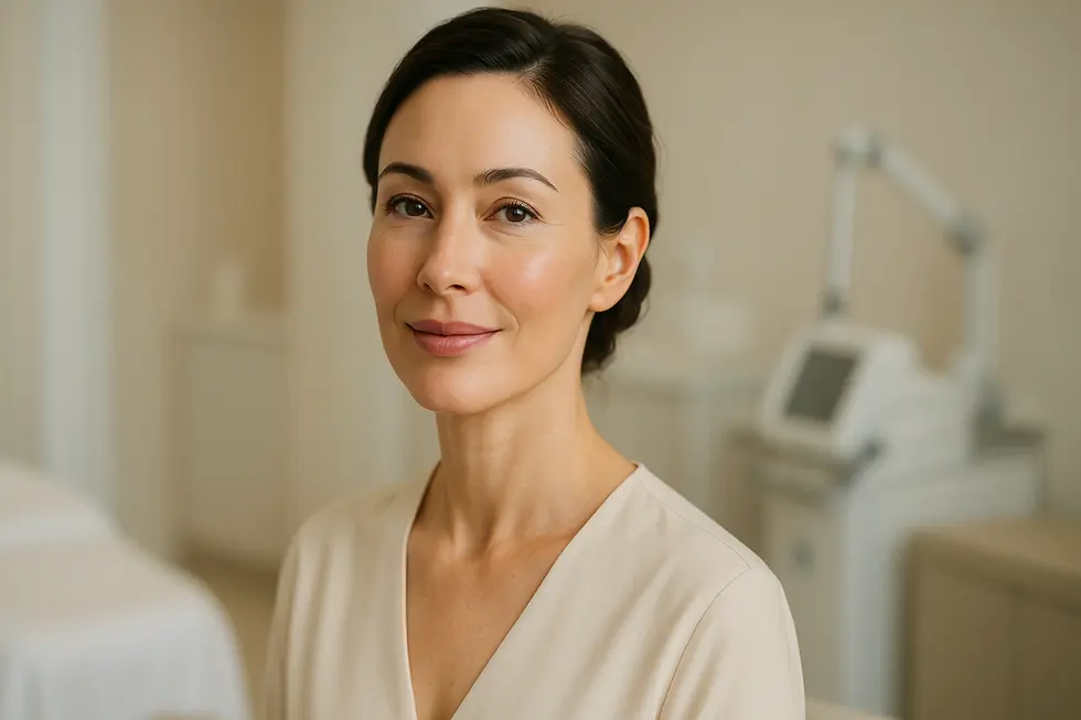 引き締まったフェイスラインを持つ女性が微笑む、非侵襲的リフトアップ施術「ダブロ」のイメージ。