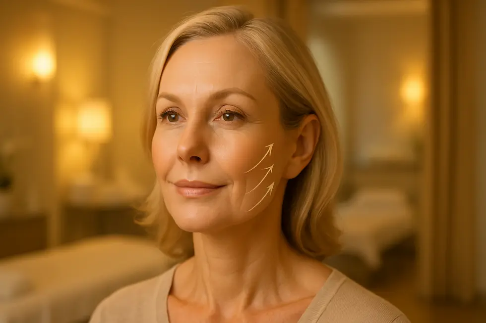 顎のラインと頬が自然にリフトアップされ、健康的な肌の輝きを持つミドルエイジ女性の顔のクローズアップ。