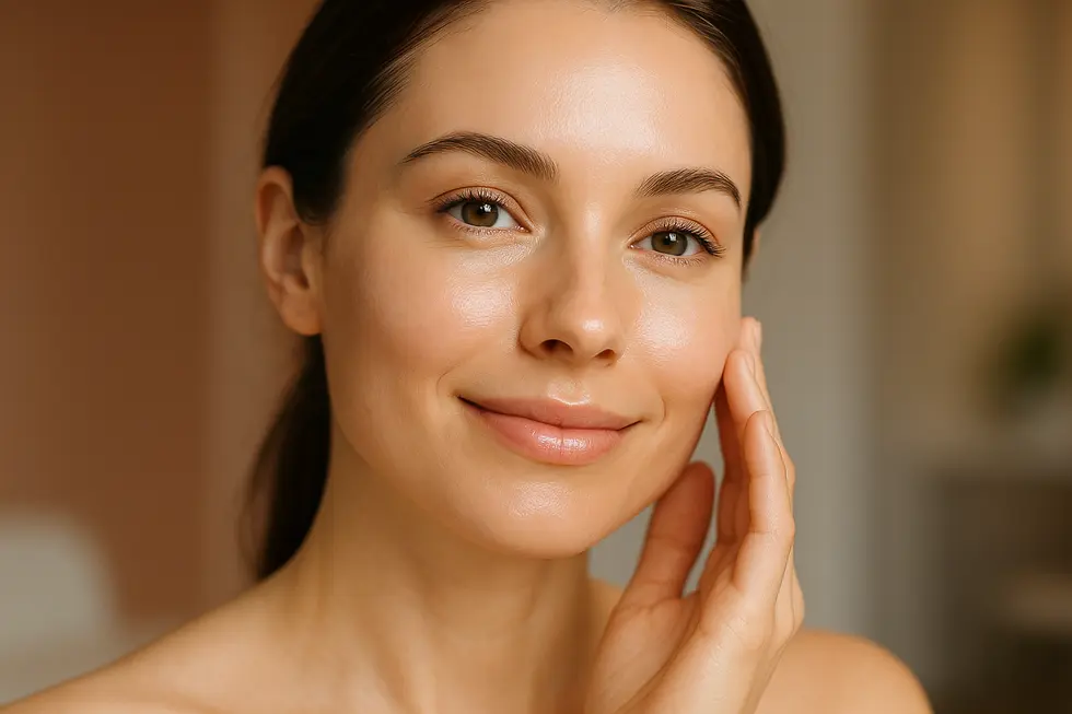 自然な若返りを遂げた女性の顔のクローズアップ。エトレベルの効果で肌にハリと輝きがあり、美しさが際立っている。