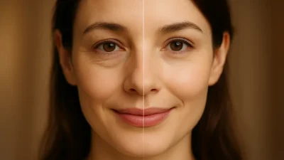 上眼瞼・下眼瞼手術で目の印象が改善され、若々しくなった女性の顔。