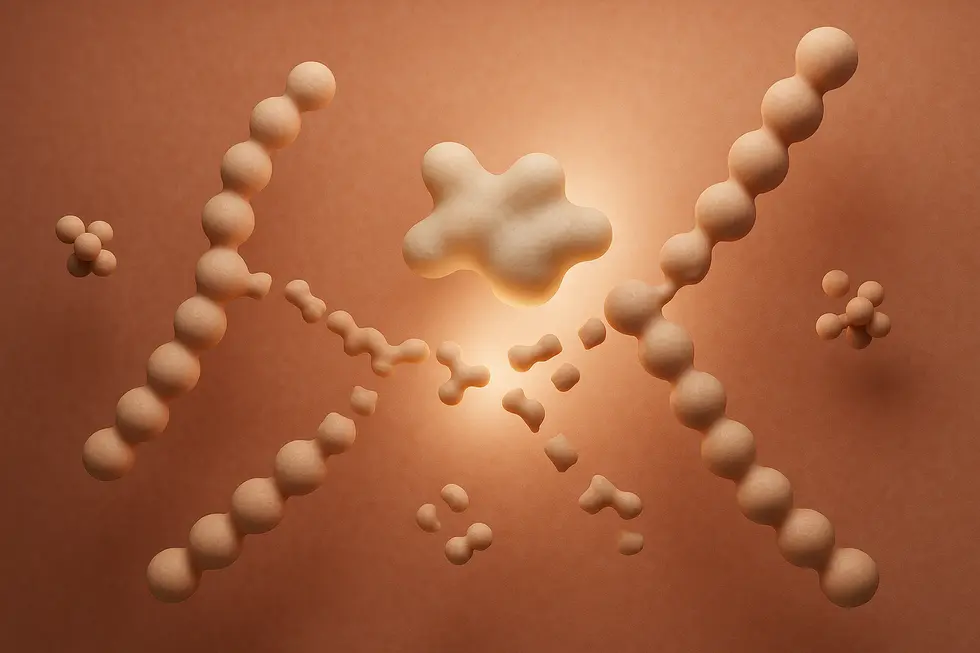 ヒアルロン酸の分子構造が分解される科学的なプロセスを示す抽象的なイラスト。