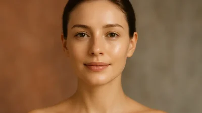 フラクセルレーザー治療後の、透明感とハリのある女性の顔。肌の再生と美しさを象徴しています。