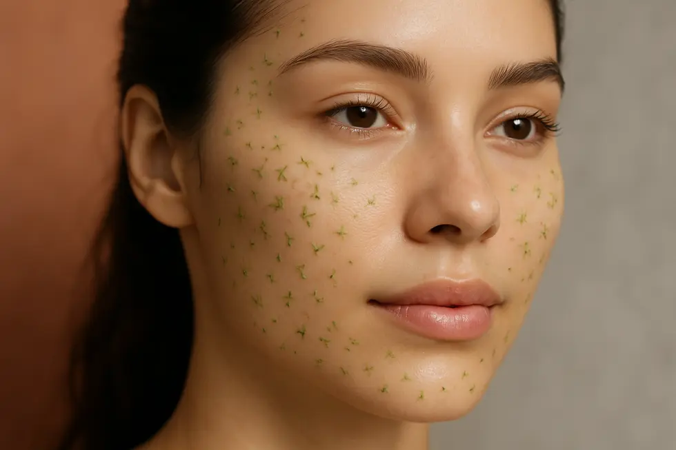 天然の緑色の粒子が肌に浸透し、明るく輝く滑らかな肌を象徴する、若々しい顔のクローズアップ画像。