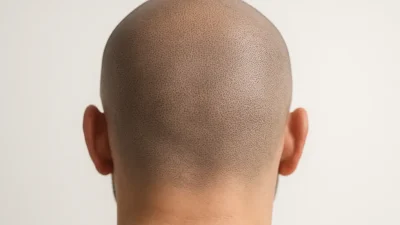 スカルプマイクロピグメンテーション（SMP）が施された頭皮のクローズアップ。毛根のような点が自然に描かれ、髪の密度が高く見える。