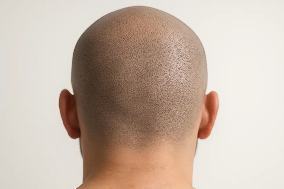 スカルプマイクロピグメンテーション（SMP）が施された頭皮のクローズアップ。毛根のような点が自然に描かれ、髪の密度が高く見える。