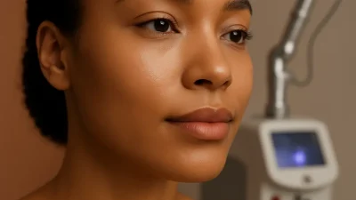 ヘリオスレーザー治療で改善された透明感のある肌のクローズアップ。