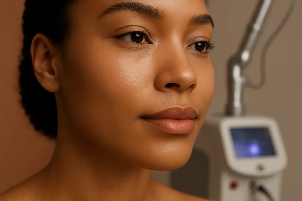 ヘリオスレーザー治療で改善された透明感のある肌のクローズアップ。