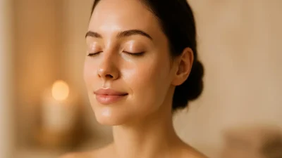 透明感あふれる健康的な肌を持つ女性の顔。ハイドラフェイシャルによる美肌効果を象徴。