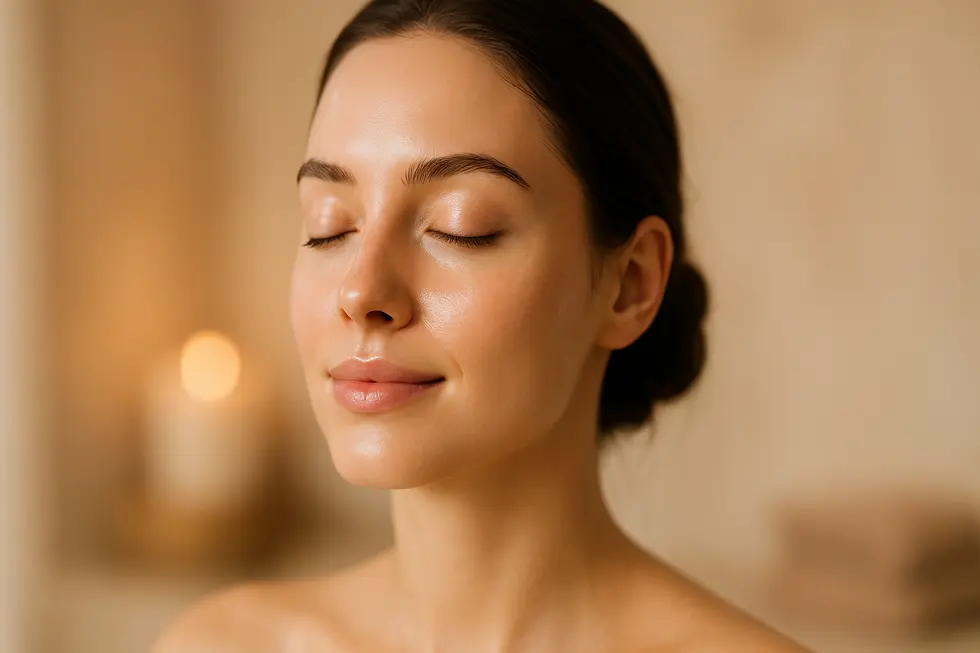 透明感あふれる健康的な肌を持つ女性の顔。ハイドラフェイシャルによる美肌効果を象徴。