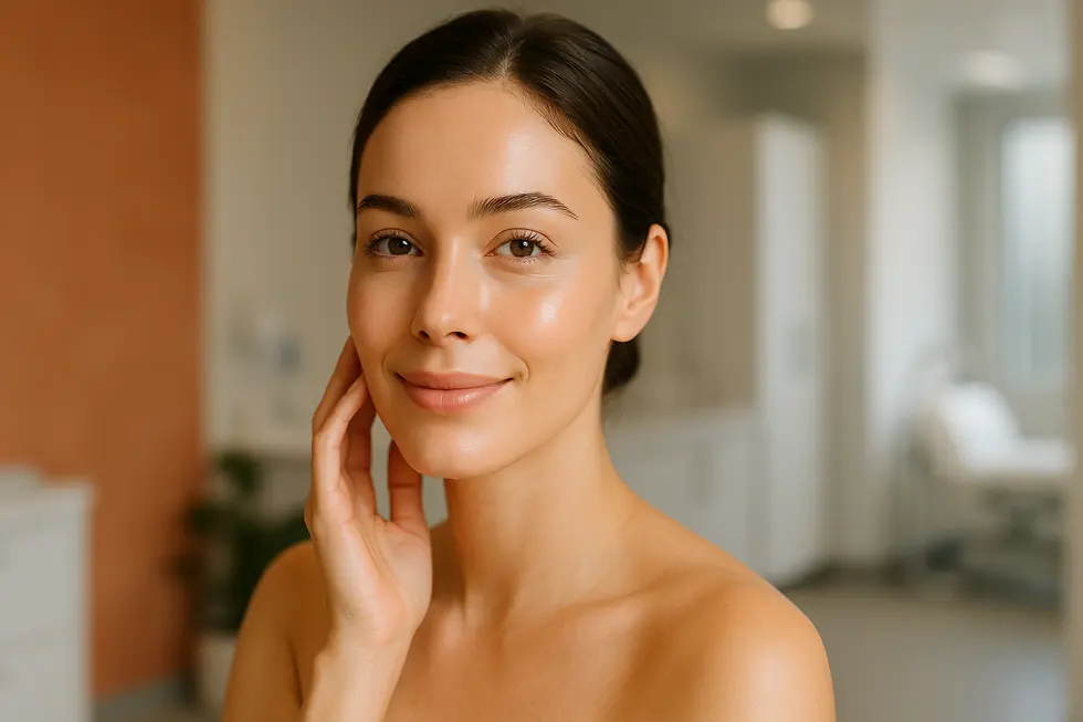 インフィニレーザー施術後のような、透明感とハリのある健康的な肌の女性のクローズアップ。