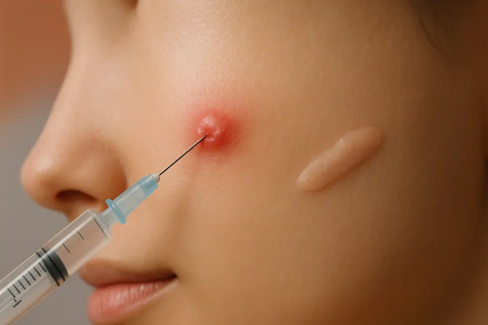 炎症性ニキビとケロイドの治療に使われる炎症注射をイメージした、透明感のある肌のクローズアップ画像。穏やかなトーンで癒しと治療の進行を表現。