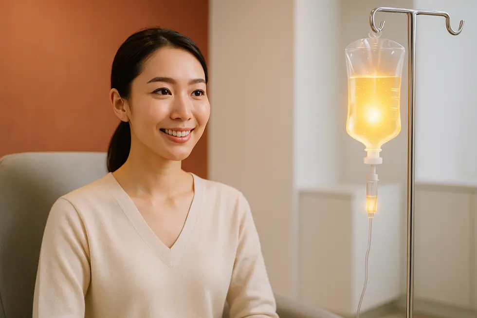 現代的で清潔感のあるクリニックの一角で、点滴バッグから液体が流れ落ちる様子が穏やかに描かれている。暖かみのあるテラコッタとライトグレーの色合いが、癒やしと信頼感を醸し出している。