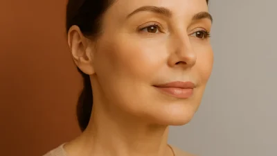 Jamber糸リフトによる自然なリフトアップ効果を示す、若々しいフェイスラインのクローズアップ画像。