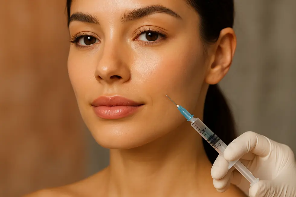 Lefilleo注射で若返ったような、頬と唇がふっくらとした女性の顔のクローズアップ。肌は滑らかで健康的。